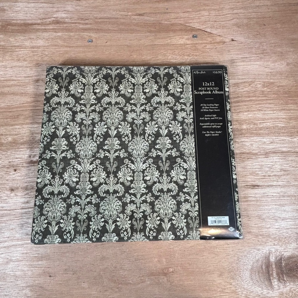 The Paper Studio 12x12 Post Bound Scrapbook Album Black Silver Damask 20 Pages